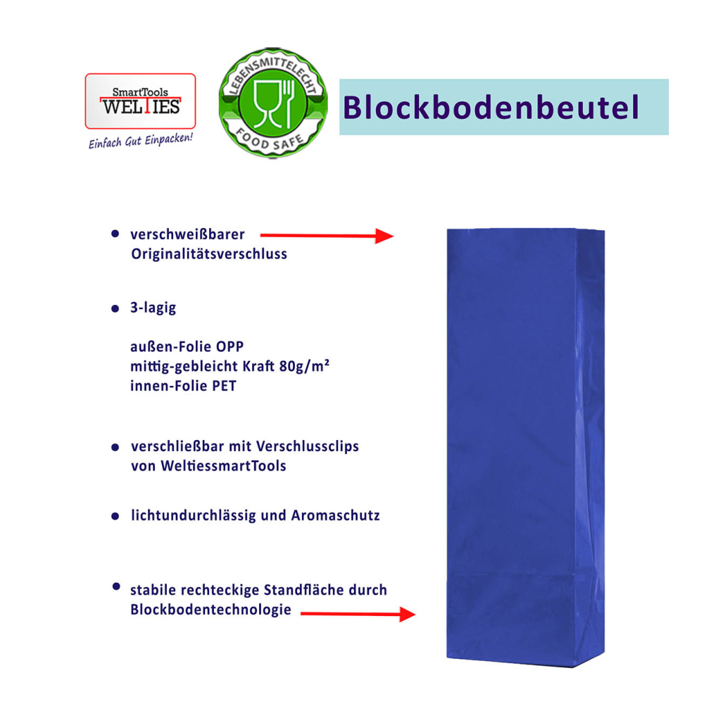 Blockbodenbeutel 3-lagig Blau 105 + 65 x 297 mm 100 Stück