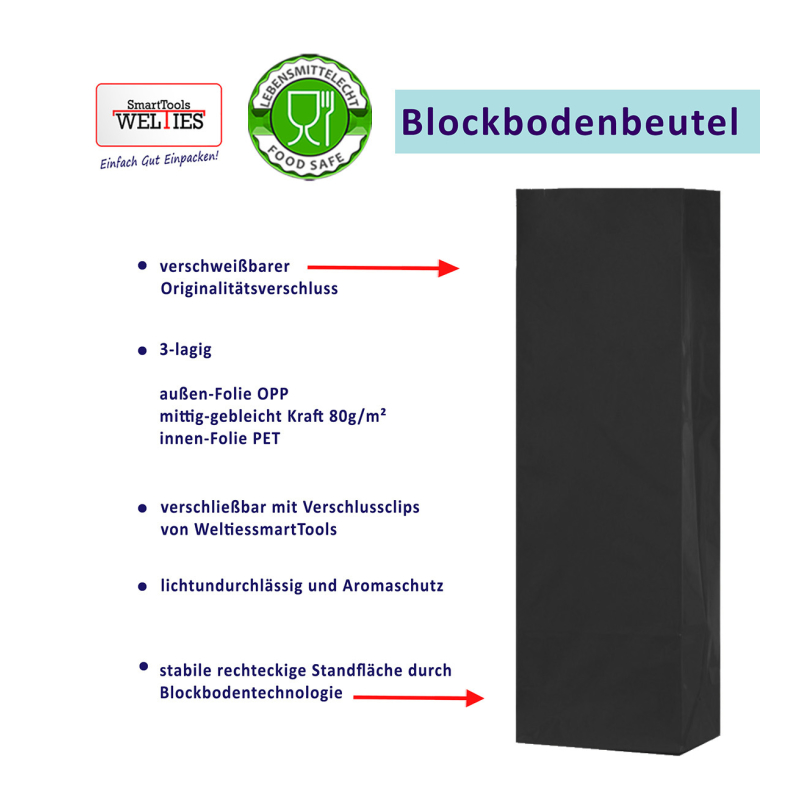 Blockbodenbeutel 3-lagig Schwarz 105 + 65 x 297 mm 100 Stück