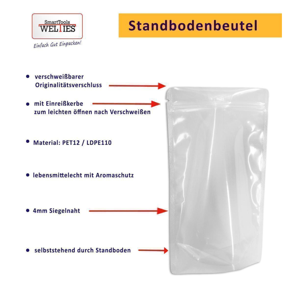 Standbodenbeutel 160 x 270 mm 100 Stück transparent LDPE