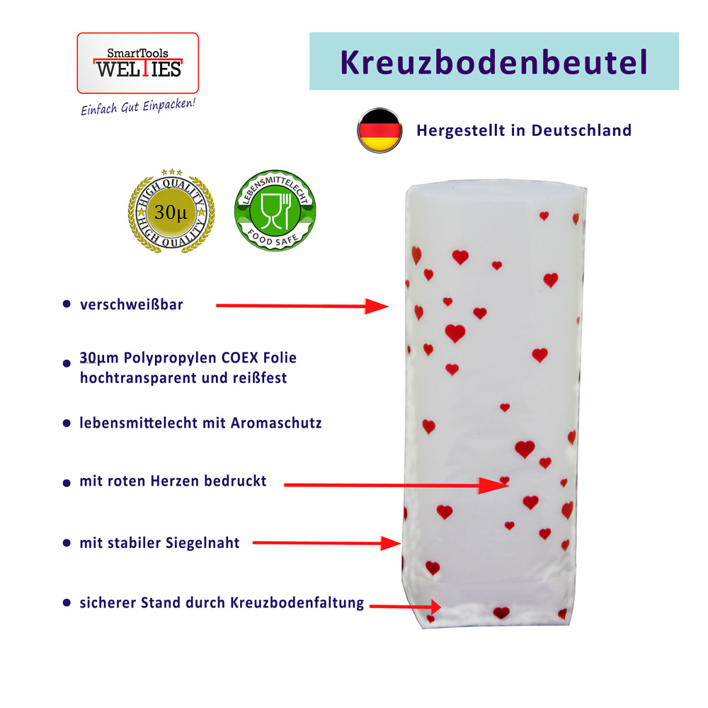 Kreuzbodenbeutel Herzen 2-farbig 30µ Coex