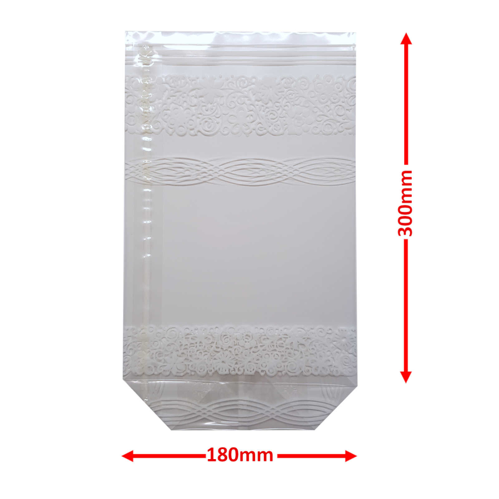 Kreuzbodenbeutel 30µ mit Spitzenmotiv weiß 180 x 300 mm transparent 100 Stück