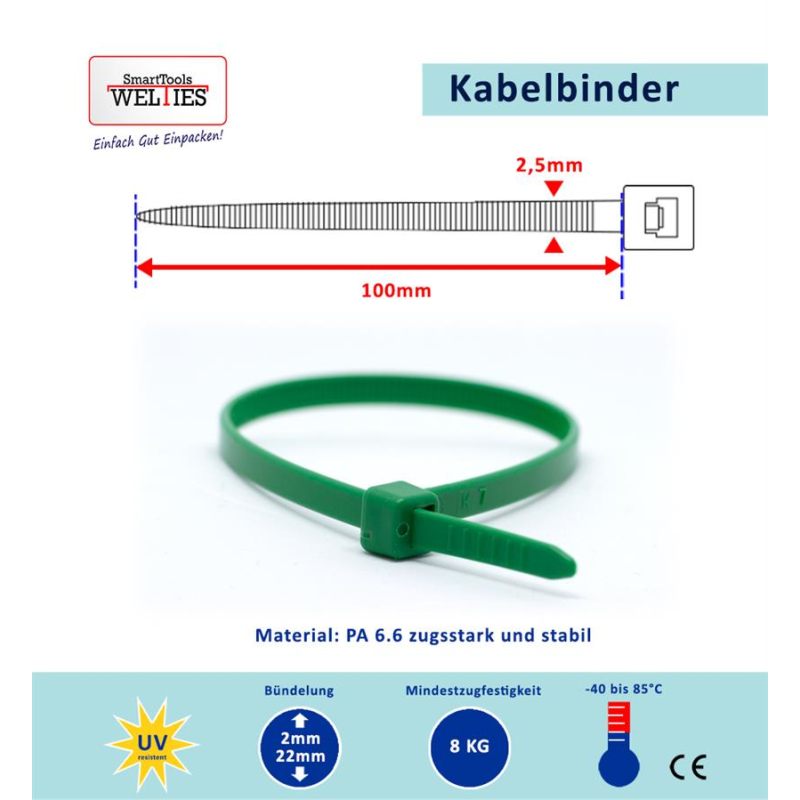 Kabelbinder 100 x 2.5 mm Grün 100 Stück