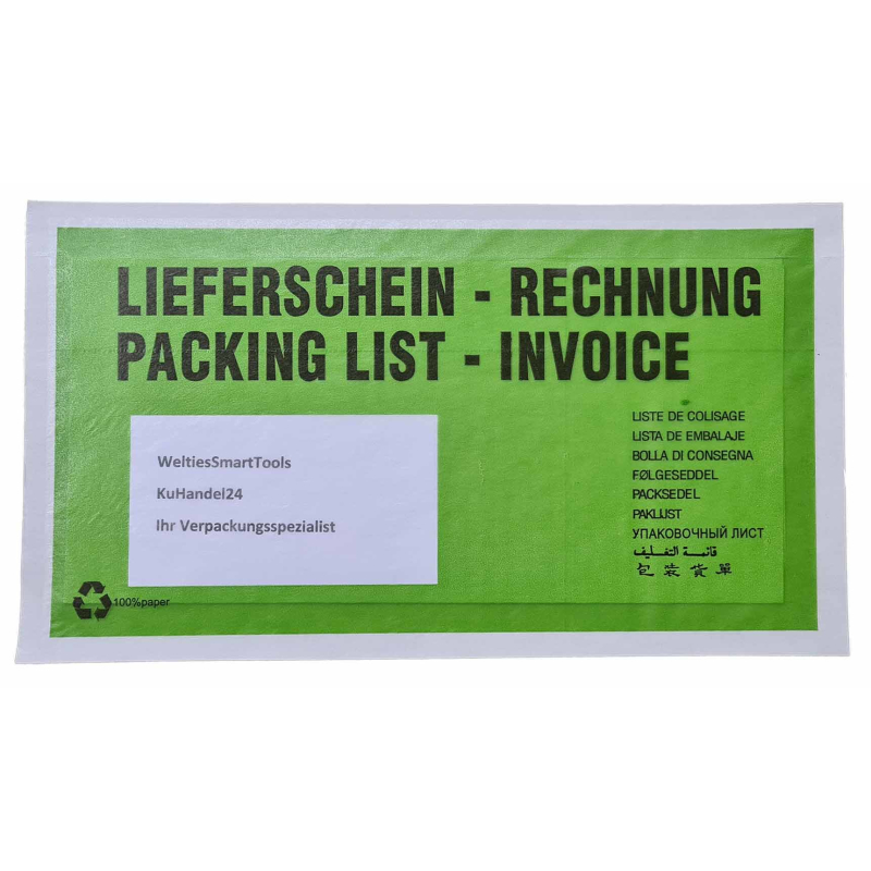 Lieferscheintaschen DIN Lang Pergamin Grün selbstklebend Dokumententaschen Lieferschein/Rechnung 1000 Stück