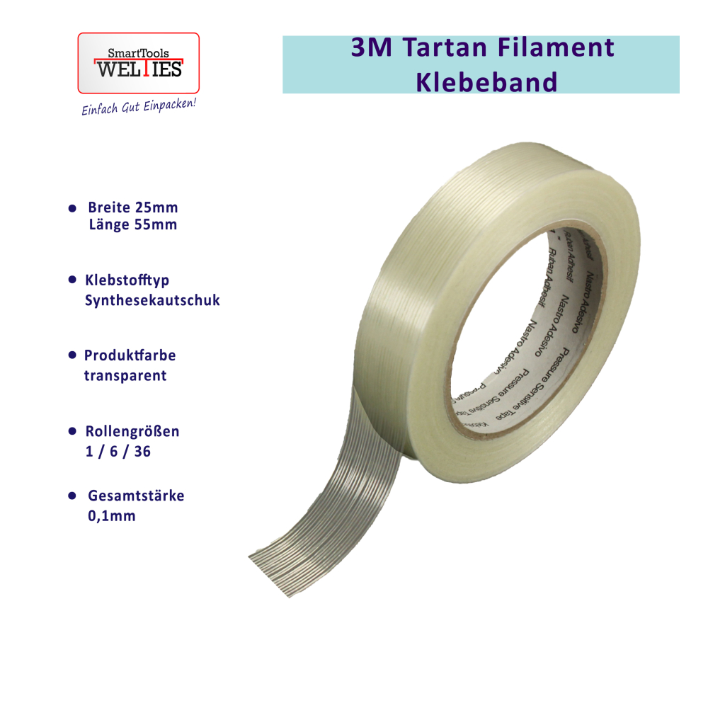 3M Tartan® 8953 Filament-Klebeband, längsorientiert Weiß 25mmx50m 1 Rolle