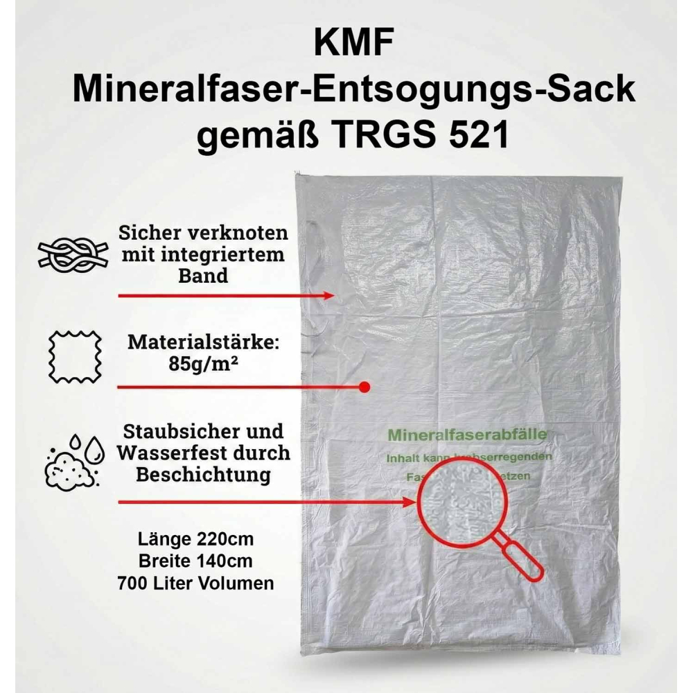 KMF-Entsorgungssack 140x220 cm mit Bindeband, Behälter entspricht der TRGS 521 ca.700l