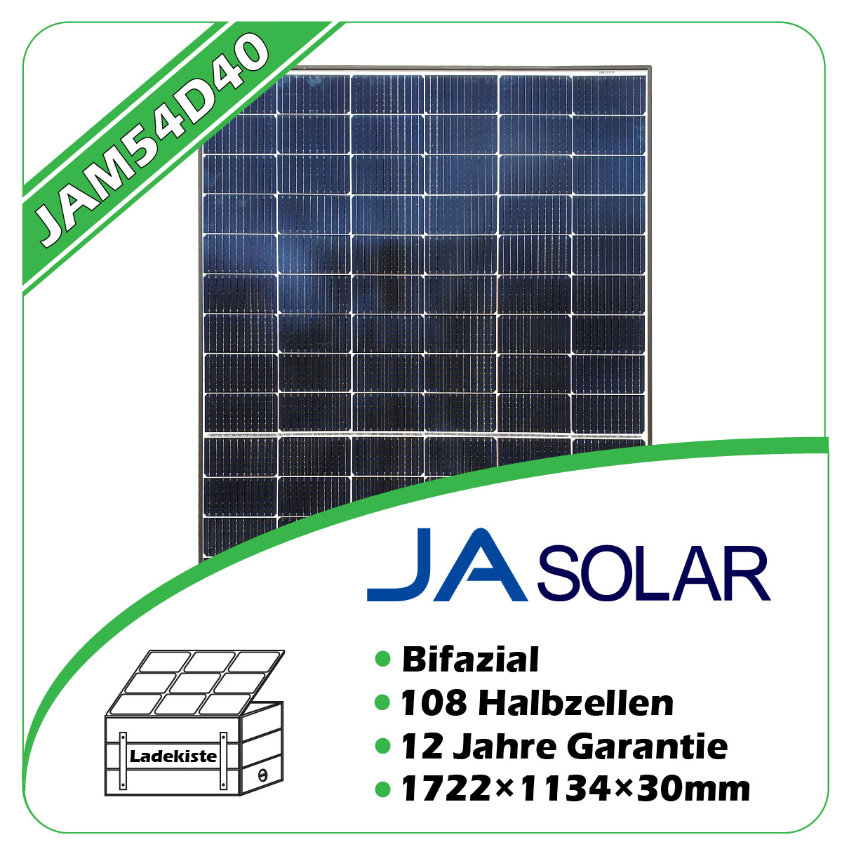 JA Solar 425W Black Frame bifazial Glas/Glas Modul 1722 x 1134 x 30 mm