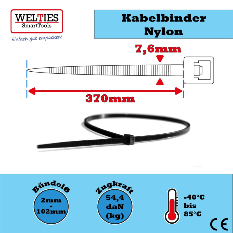 Kabelbinder schwarz 370 x 7,6mm; 100 Stück
