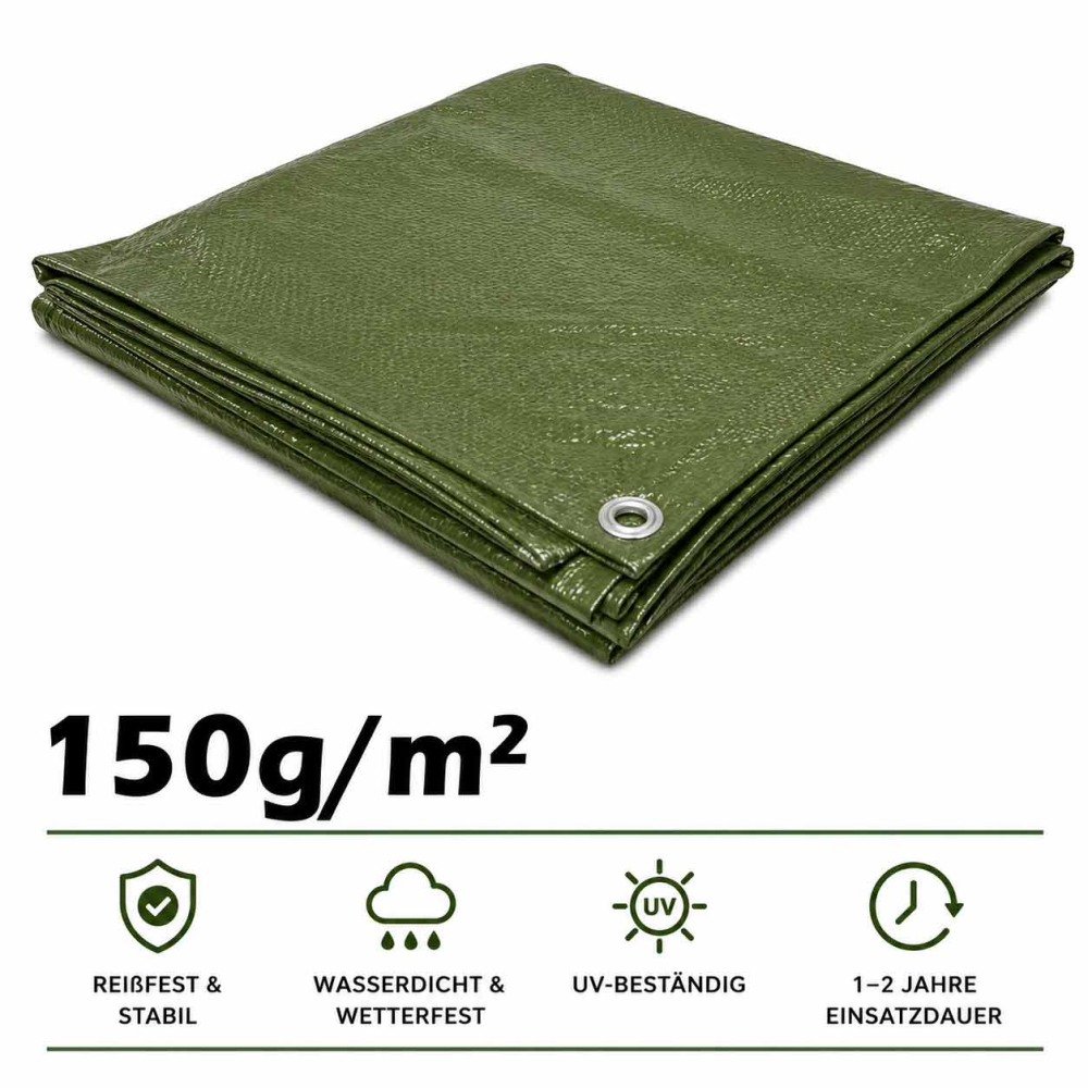 150g/m² Gewebeplane mit Metallösen – Wasserdichte Abdeckplane in Weiß & Grün, verschiedene Größen – Robuste Schutzplane & Tarp für Baustelle, Garten, Industrie & Langzeit-Holzabdeckung